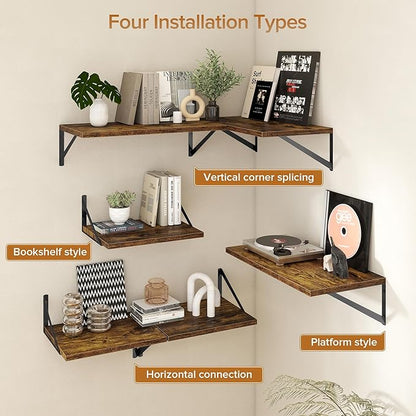 Acovy Deep Floating Shelves Wall Mounted, 30"x12" Brown Wood Shelves with Brackets Set of 2 for Bedroom, Living Room, Bathroom, Kitchen, Office - Storage & Display Shelf for Decor, Books, Plants