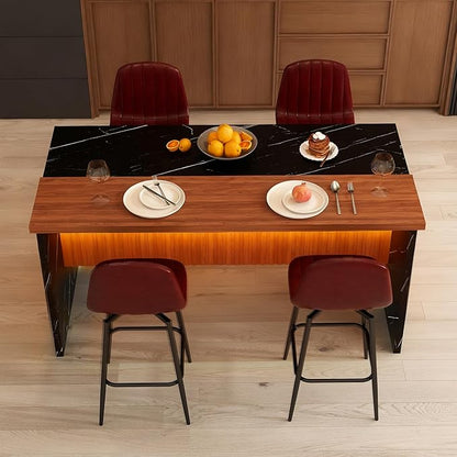 63" Modern Kitchen Island with Marble-Look Surface with 2/4 Bar Stools, Island Table with LED Lights, for Kitchen,Dining Room, Bar, Office, Living Room (Black+4Dark Brown)