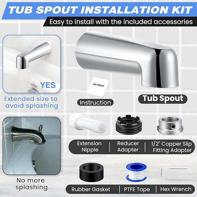 Dreyoo 7 Inch Tub Spout (Universal Fits 1/2" Copper Pipe, 1/2" IPS and 3/4" IPS), Bathroom Bathtub Faucet with Adapters and Hex Wrench(Chrome,Without Diverter)