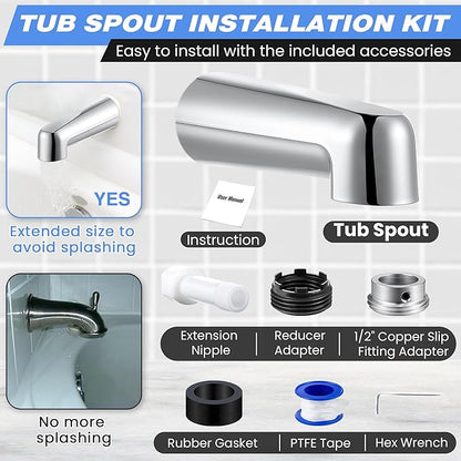 Dreyoo 7 Inch Tub Spout (Universal Fits 1/2" Copper Pipe, 1/2" IPS and 3/4" IPS), Bathroom Bathtub Faucet with Adapters and Hex Wrench(Chrome,Without Diverter)