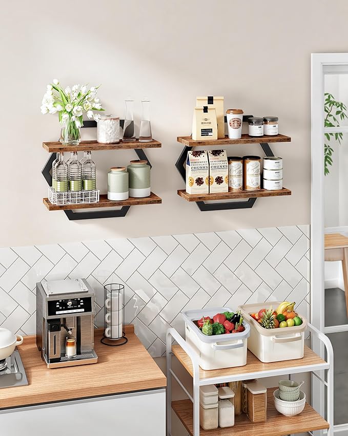 CHOEZON Hexagon Floating Shelves for Wall, Set of 2, 2 -Tier Hanging Shelves, Wall Mounted Storage Shelves, for Living Room, Bedroom, Kitchen, Home Office, Study, Rustic Brown and Black TBJ06P2BF
