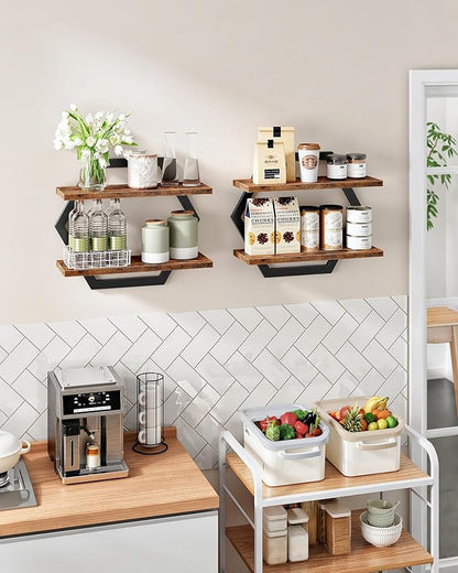 CHOEZON Hexagon Floating Shelves for Wall, Set of 2, 2 -Tier Hanging Shelves, Wall Mounted Storage Shelves, for Living Room, Bedroom, Kitchen, Home Office, Study, Rustic Brown and Black TBJ06P2BF
