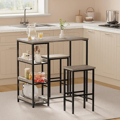 GarveeHome 3-Piece Kitchen Table Set with Storage Shelves & 2 Bar Stools - Iron and Wood Dining Table for Small Spaces, Apartments, Condos, Grey