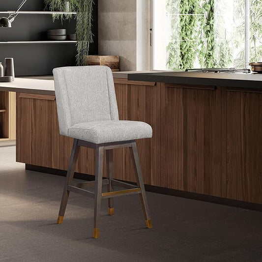Armen Living Stancoste Modern Farmhouse 26" Seat Height Swivel Bar Stool for Kitchen Island Counter in Gray Oak Wood with Mocha Fabric