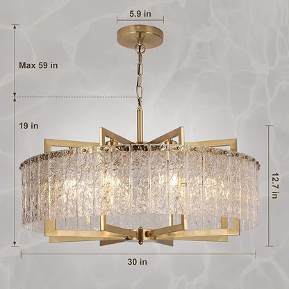 Crystal Gold Chandelier Lighting Fixture, 8 Lights Luxury Crystal Glass Pendant with Adjustable Chain,Ceiling Mounted for Dining Room Kitchen Living Room Foyer- 30in (Sloped/Hight Ceiling)