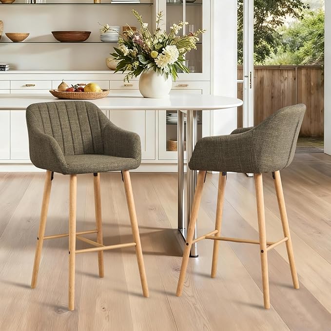Modern Stools Set of 2, Kitchen Island Tall Chairs with Back, Arm, Footrest and Solid Wood Leg, Linen Fabric Upholstered Stools - Green