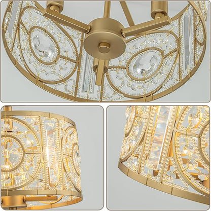 Semi Flush Mount Chandelier for Dining Room, 3-Lights Vintage Crystal Round Chandelier, Gold Retro Semi-Flush Mount Ceiling Lights Fixture for Living Room Bedroom Kitchen Hallway Foyer