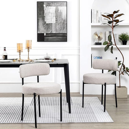 DYHOME Light Grey Boucle Dining Chairs Set of 2, Mid Century Modern Upholstered Kitchen Chairs with Curved Backrest and Black Metal Legs