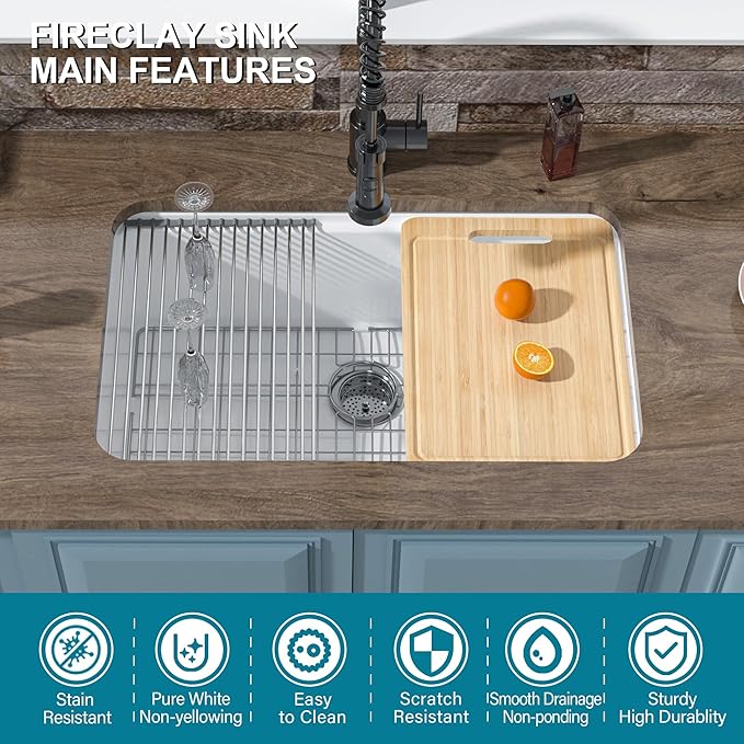 Undermount Workstation Kitchen Sink White 30 x 19 Inch, Fireclay Sink Drop In Single Bowl, Dual Mount Heavy Duty Deep Basin, Included Cutting Board, White, for Kitchen