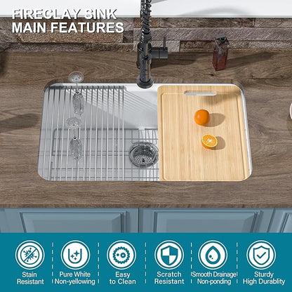 Undermount Workstation Kitchen Sink White 30 x 19 Inch, Fireclay Sink Drop In Single Bowl, Dual Mount Heavy Duty Deep Basin, Included Cutting Board, White, for Kitchen