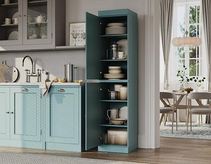 Palace Imports Solid Wood Kitchen Pantry - Narrow Storage Cabinet - Raised Panel Doors, Adjustable Shelves, Aqua, 16.5" Wide x 71.5" Tall, 100% Eco-Friendly Wood, Modular Pantry Cabinet Systems