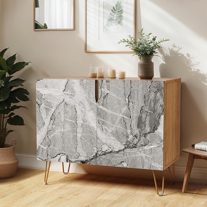 SIGNWIN Sideboard Buffet Cabinet, Kitchen Storage Cabinet with 2 Doors, Gray & White Granite Stonewash Style, Cupboard Console Table for Dining Room - 35" L x 18" W x 29" H