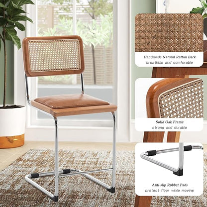 Alunaune 24inch Modern Natural Rattan Bar Stools Set of 4, Upholstered Mid Century Counter Height Bar Stools Kitchen Chairs Comfy Side Dining Chair with Metal Chrome Legs-Brown with PU Seat