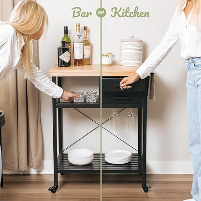 Kitchen Island Cart with Storage – Solid Wood Rolling Coffee Cart with Pine Top, 2 Drawers, Shelves & Wine Rack – Mobile Kitchen Island with Black Base
