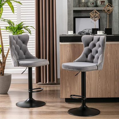 Swivel Velvet Bar stools Adjusatble Seat Height from 25 33 Inch,17.7 inch Base, Upholstered Bar Stools with Backs Comfortable Tufted for Home Pub and Kitchen Island,Gray,Set of 2,AS1812GY