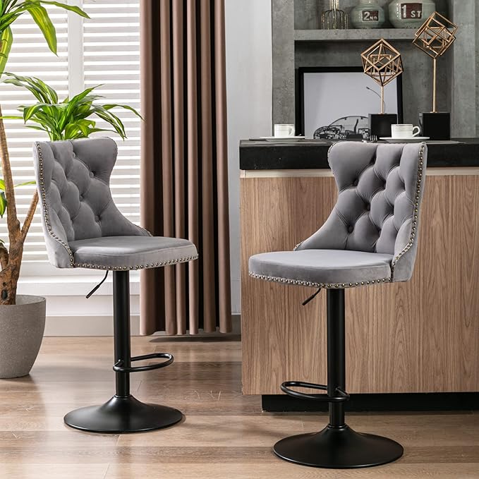 Swivel Velvet Bar stools Adjusatble Seat Height from 25 33 Inch,17.7 inch Base, Upholstered Bar Stools with Backs Comfortable Tufted for Home Pub and Kitchen Island,Gray,Set of 2,AS1812GY