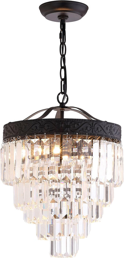 JONATHAN Y 12" Bronze/Clear 2-Light LED Chandelier, Modern Tiered Pendant Light Fixture for Dining Room, Bedroom, Entryway with Clear Faceted Crystal Shade (JYL9006B)