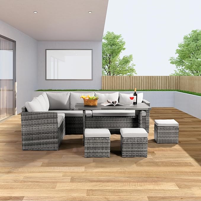 Wumiokio Patio Furniture Set, 7 Pieces Outdoor Patio Furniture with Dining Table&Chair, All Weather Wicker Conversation Set with Ottoman,Grey (Include Sofa Dust Cover)