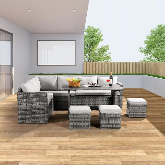 Wumiokio Patio Furniture Set, 7 Pieces Outdoor Patio Furniture with Dining Table&Chair, All Weather Wicker Conversation Set with Ottoman,Grey (Include Sofa Dust Cover)