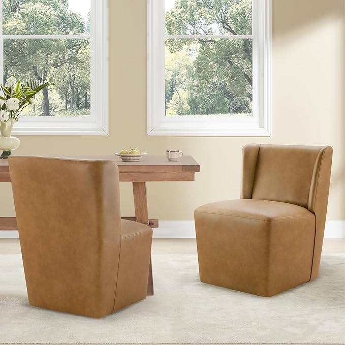 KISLOT Upholstered Dining Chairs Set of 2 with Casters, Wingback Modern Side Armless Deskchair with Rollers for Diningroom Bedroom Livingroom Reading Room, Brown Faux Leather