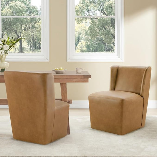 KISLOT Upholstered Dining Chairs Set of 1 with Casters, Wingback Modern Side Armless Deskchair with Rollers for Diningroom Bedroom Livingroom Reading Room, Brown Faux Leather