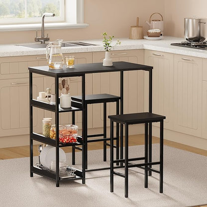 GarveeHome 3-Piece Kitchen Table Set with Storage Shelves & 2 Bar Stools - Iron and Wood Dining Table for Small Spaces, Apartments, Condos, Black