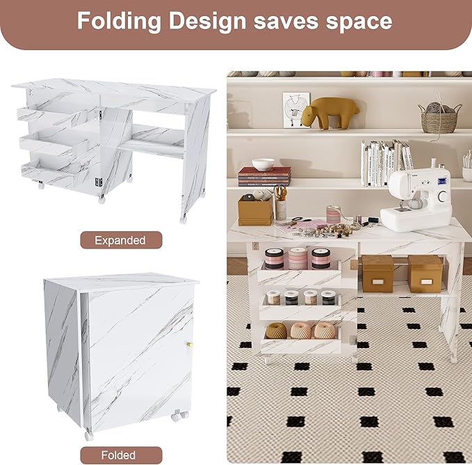 White Folding Dining Table with Wheels, 4-in-1 Versatile Table with Storage Rack and Cabine,Marble Color Kitchen Island, Side Table and Coffee Table Table,Space Saving