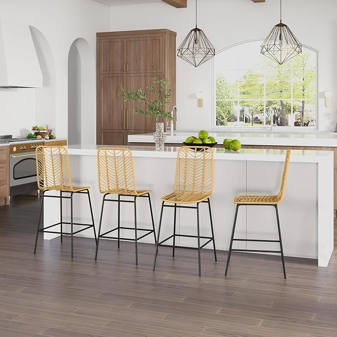 NewCosmos Rattan Bar Stools Set of 4, 26" Counter Height Barstools, Boho Kitchen Island Stools with Breathable Wicker Seat and Back, Yellow