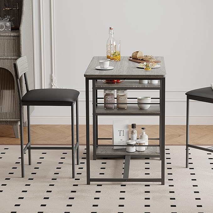 Takywep Dining Table Set for 2 with 3 Large Storage Shelves, Kitchen Table and Chairs for 2 with Pu Cushion Chairs & Thick Wood Top, 3 Piece Dining Table Set for Small Space, Apartment, Gray