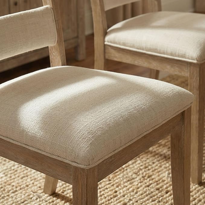 Beige Dining Chairs Set of 4, French Country Upholstered Chenille Ladder High Back Dining Room Kitchen Side Chairs with Brown Legs/Non-Slip Foot Mats