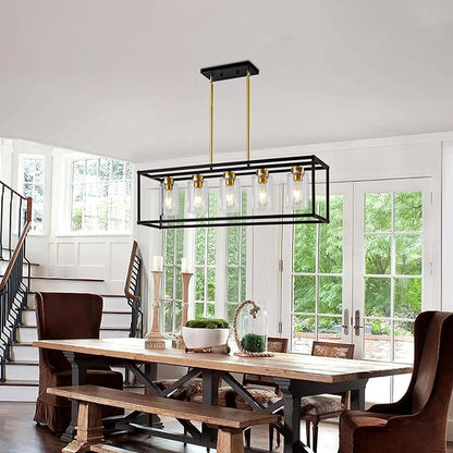 5 Light Dining Room Light Fixture Modern Farmhouse Chandeliers Over Table Black & Brushed Brass Gold Rectangular Pendent Lighting for Kitchen with Glass Shade Hanging Industrial Ceiling Light