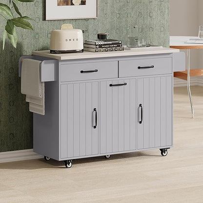 RUNNA Kitchen Island with Trash Can Storage Cabinet, Kitchen Cart with Drop Leaf, Spice Rack, Towel Rack and Drawer, Rolling Kitchen Island on Wheels with Adjustable Shelf (Grey~81)