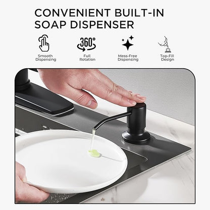 FORIOUS Kitchen Faucet with Soap Dispenser, Black Stainless Steel Sink Faucet with Sprayer Single Handle, Commercial Modern Spring Faucet for Kitchen Sink, Bar & Prep Sink, Laundry RV Camper