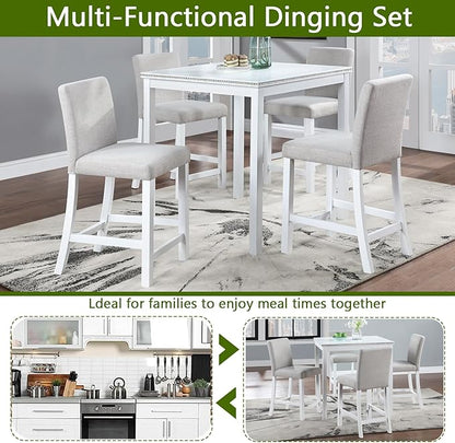 5 Piece Counter Height Dining Table Set for 4, Elegant Wooden Kitchen Table and 4 Upholstered Chairs with Crystal Decoration, Square Dining Table Set for Kitchen and Dining Room, White