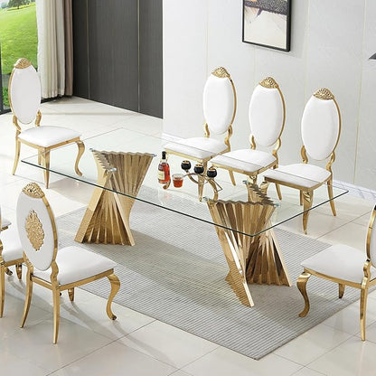 94" Modern Glass Gold Dining Table for 8-10, Luxury Kitchen Table with Tempered Glass Top & Mirror Finish Stainless Steel Base, Large Dinner Pedestal Tables for Home Banquet Hall Room, Only Table