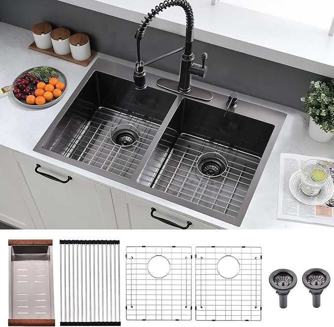 33x22 Inch Black Double Bowl Kitchen Sink Drop In - 16 Gauge Stainless Steel 50/50 Split, Top Mount Drop In Kitchen Sink Double Bowl