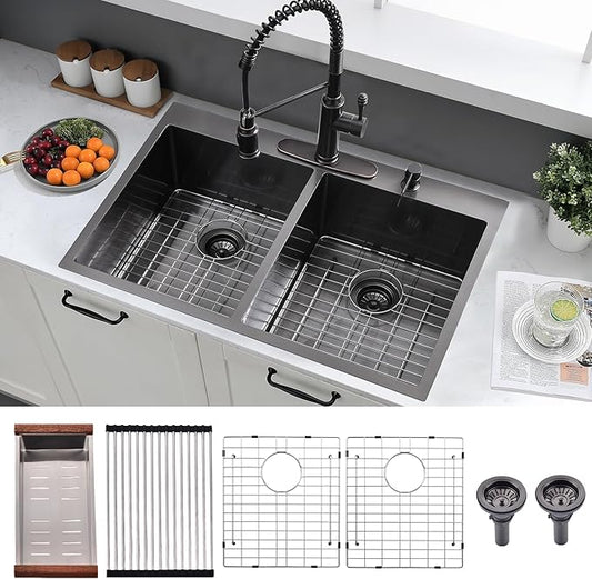 33x22 Inch Black Double Bowl Kitchen Sink Drop In - 16 Gauge Stainless Steel 50/50 Split, Top Mount Drop In Kitchen Sink Double Bowl