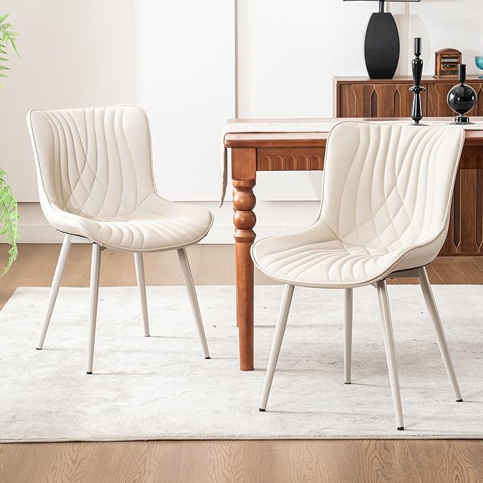 Kidol & Shellder Dining Chairs Set of 2, Mid Century Modern Kitchen Chairs with Metel Legs, PU Leather Upholstered Side Chair for Dining Room, Living Room, Lounge, Restaurant, Cream