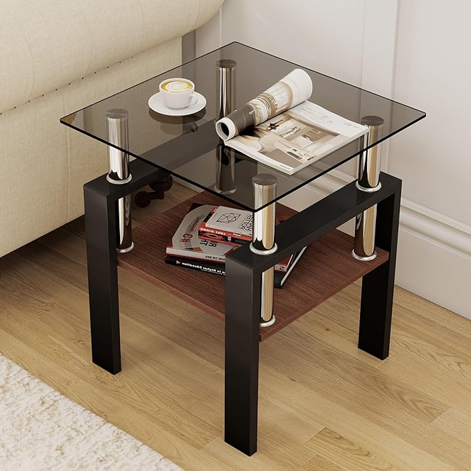 Set of 2 Glass End Table, 2-Layer Glass Living Room Table, Modern Tea Table Side Tables for Home Office Furniture