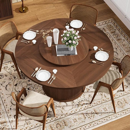 55 inch Round Dining Table for 4-6, Round Wooden Dining Table with Rotating Tabletop Tray & Sliding Door Base, Modern Farmhouse Kitchen Table with 2 Tier Storage Shelf for Kitchen Living Room, Walnut