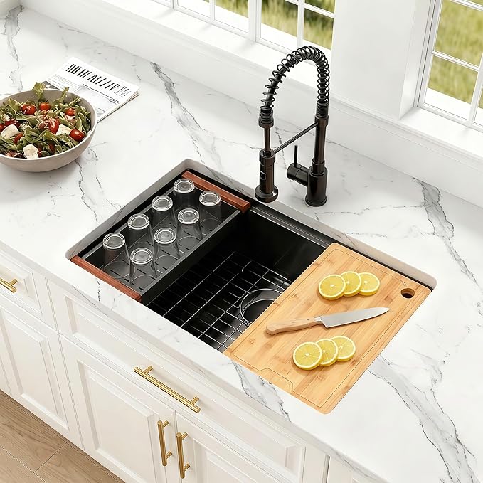 30 Inch Undermount Black Kitchen Sink,16 Gauge Stainless Steel Kitchen Sink Single Bowl, 30"x19"x9" Ledge Workstation Sinks With All Accessories, Multi-Functional Workstation Sinks