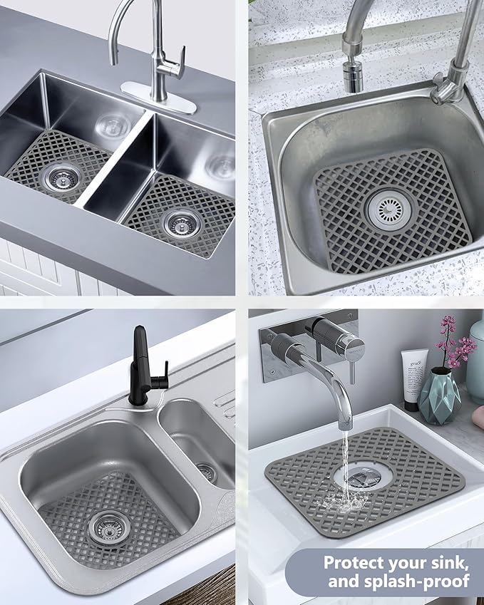 2 Pack Silicone Sink Protector for Kitchen Sink, Trellis Pattern 12 x 11" Sink Grid Mat Silicone Protectors, Center Drain, Gray
