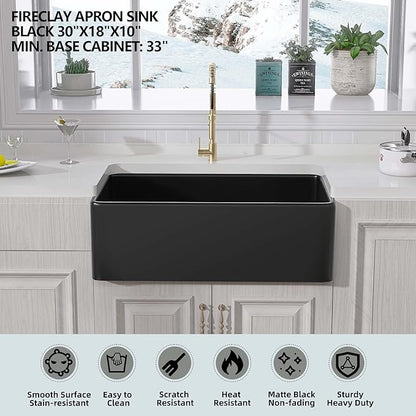 Miuara Black Farmhouse Sink 30 Inch - Apron Front Undermount Kitchen Sink Reversible 30"x18"x10", Farm House Style Single Bowl, Heavy Duty Solid Fireclay, Matte Black, for Kitchen