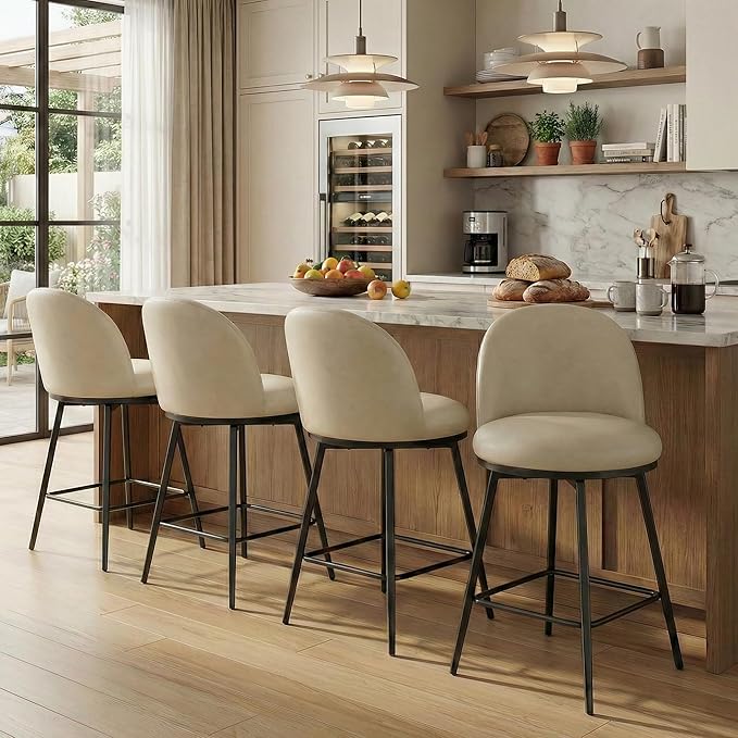 KISLOT Counter Height Swivel Bar Stools Set of 2, 26" Upholstered Faux Leather Barstools with Backs and Metal Legs for Kitchen Island,Cream