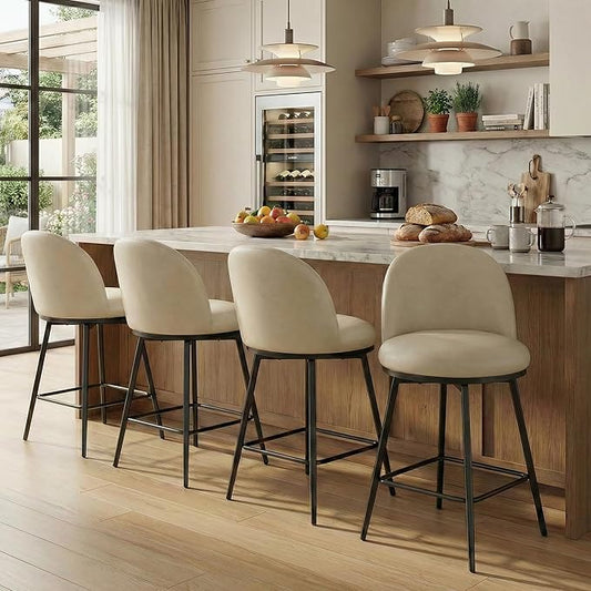 KISLOT Counter Height Swivel Bar Stools Set of 4, 26" Upholstered Faux Leather Barstools with Backs and Metal Legs for Kitchen Island,Cream