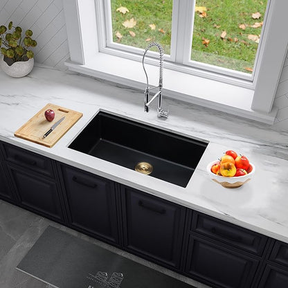 Black Undermount Kitchen Sink 32 Inch - Drop In Granite Quartz Composite Workstation Sink - Deep Single Bowl,Dual Mount,with Accessories (Black, 32" x 18")