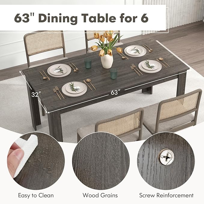 63“ Large Dining Table for 4-6 People, Rectangular Dining Room Table, Wooden Kitchen Table with L-Shaped Legs, Modern Farmhouse Dinette Table for Restaurant, Living Room, Family