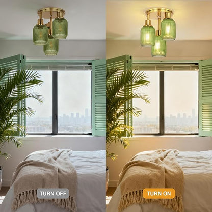 Semi Flush Mount Ceiling Light, 3-Light Close to Ceiling Light Fixtures, Brass Gold Finish Kitchen Light Fixtures with Green Glass Shades Patriot Lighting for Entryway Porch Hallway, Gold & Green