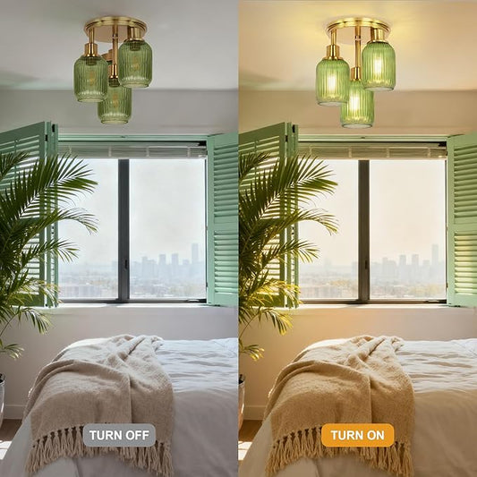 Semi Flush Mount Ceiling Light, 3-Light Close to Ceiling Light Fixtures, Brass Gold Finish Kitchen Light Fixtures with Green Glass Shades Patriot Lighting for Entryway Porch Hallway, Gold & Green