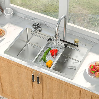 Mocoloo 33 Inch Honeycomb Waterfall Kitchen Sink - 33x19 Drop In Ledge Workstation 16 Gauge Stainless Steel Single Bowl Modern Sink with Faucet Combo and Built-in Accessories